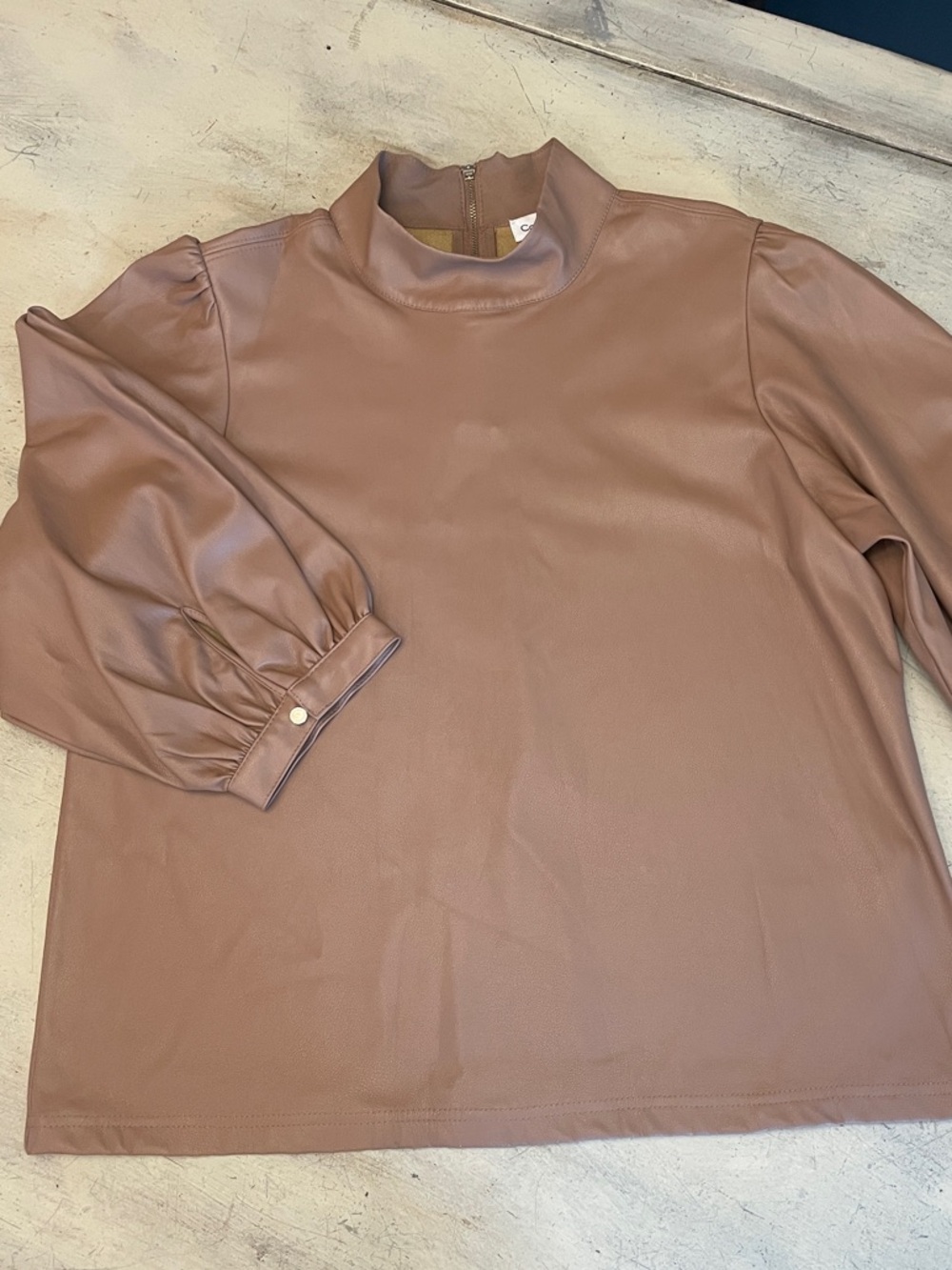 Calvin Klein Mauve Faux-Leather Mock Neck Blouse